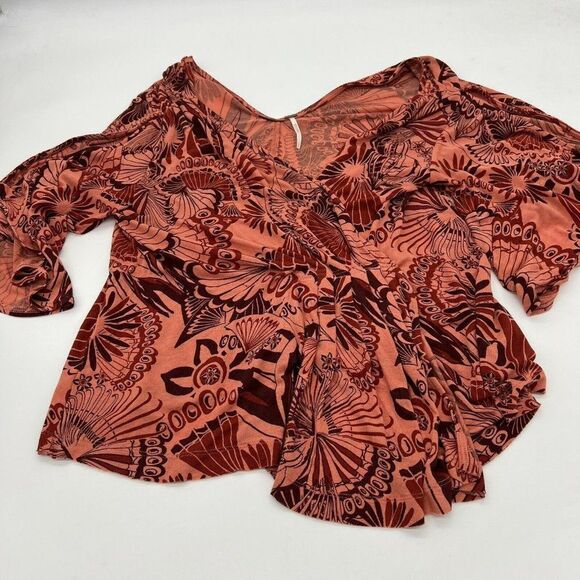 Free People Women’s Amour Floral Print Open Shoulder Top Coral Red Orange small - Picture 1 of 5